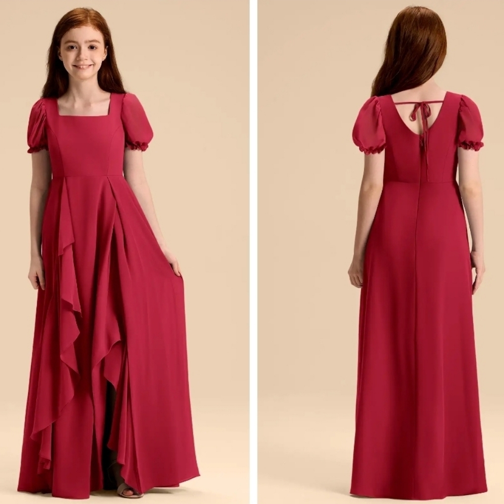 Girls Kids Red Formal Puff Sleeve Flower Girl Junior Bridesmaid Long Dress 10